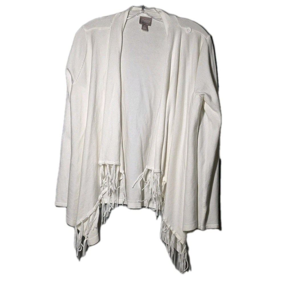 Chico's Festive Fringe Cardigan Sweater Women's M White Open Front Stretch